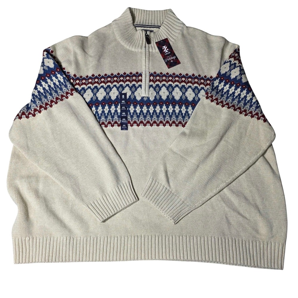 Izod Fair Isle Quarter 1/4 Zip Pullover Knit Sweater Mens 4XB Cream XMAS NWT